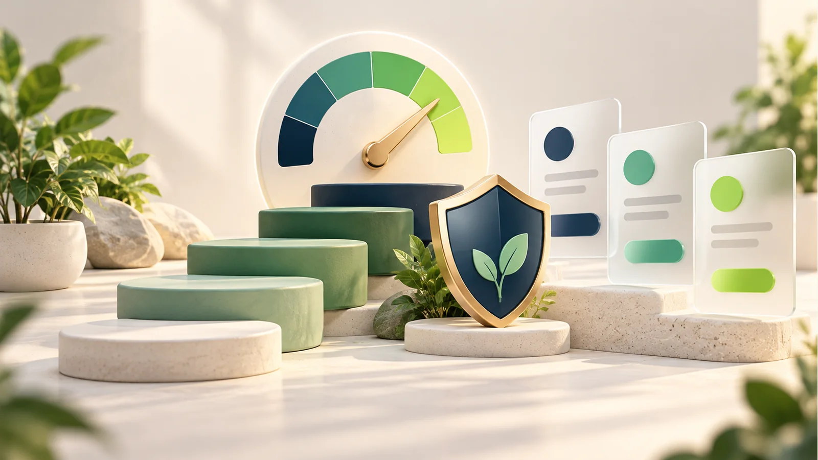 3D illustration of financial progress, a protected credit gauge and loan comparison cards
