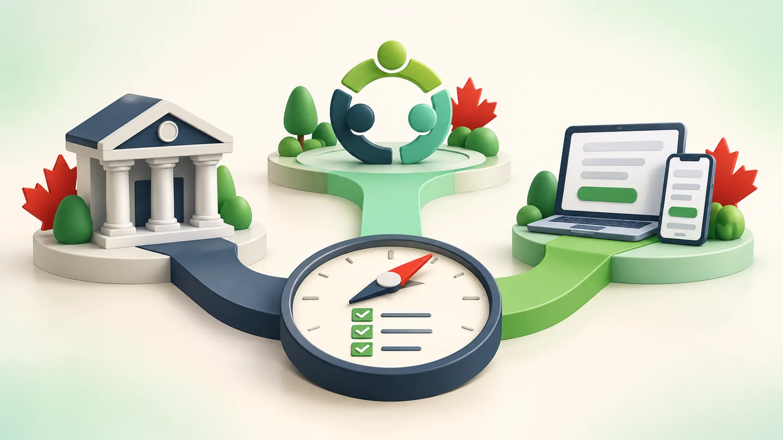 Comparaison 3D d’une banque canadienne, d’une caisse et d’un prêteur personnel en ligne autour d’une boussole avec liste de vérification