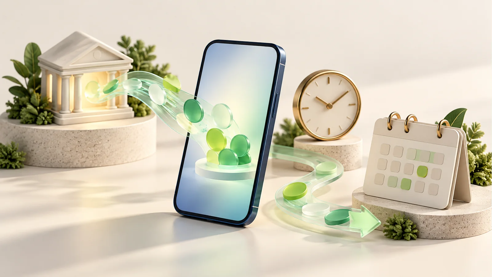 3D illustration of a secure fast cash transfer with a phone, clock and repayment calendar