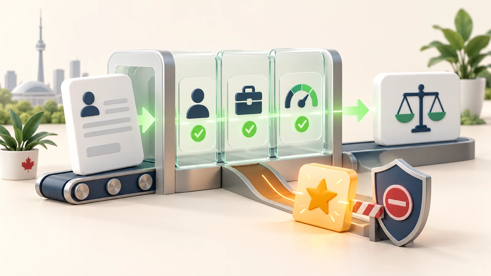 3D personal-loan application passing identity, income and credit review checkpoints while a security shield blocks a misleading guaranteed-approval shortcut