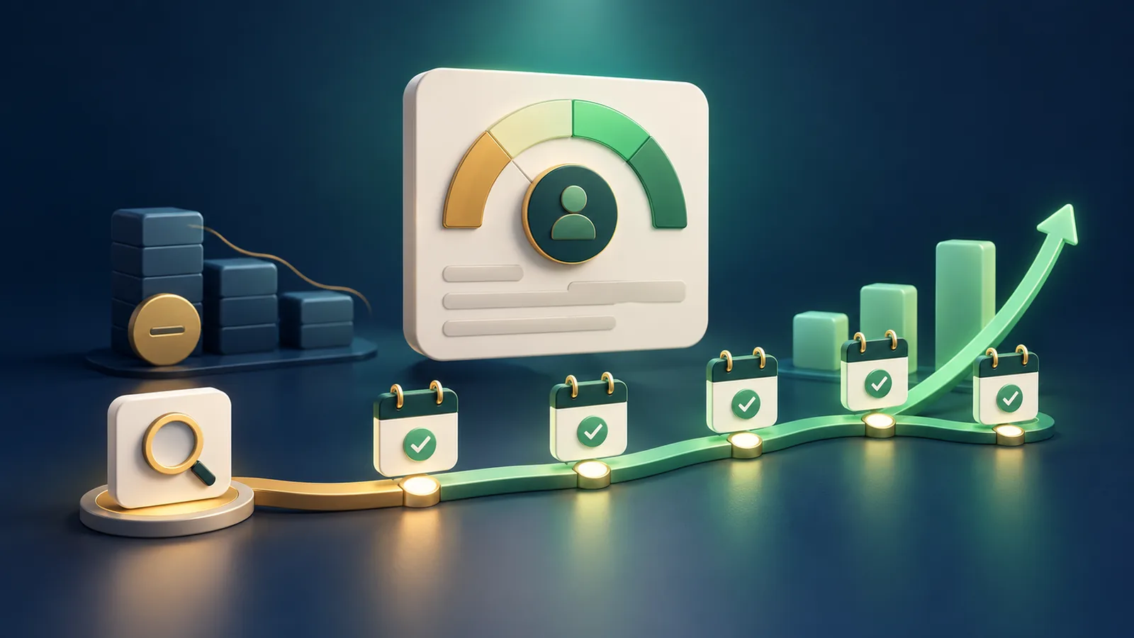 Illustration 3D d’une vérification de crédit suivie d’un calendrier de paiements et d’un profil de crédit évolutif