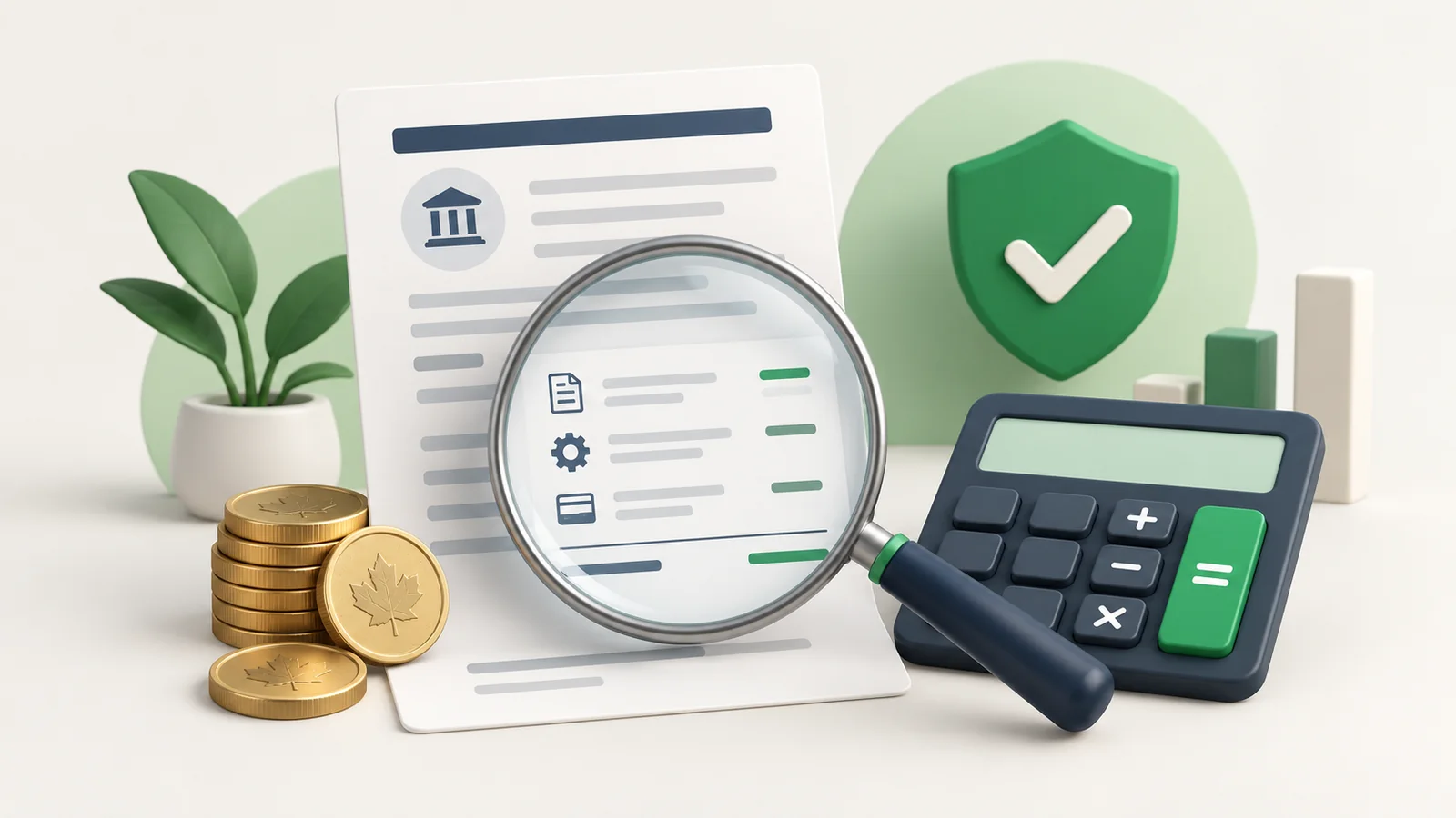 3D loan agreement, magnifying glass, calculator and Canadian-dollar coins illustrating a review of personal-loan fees and total borrowing cost