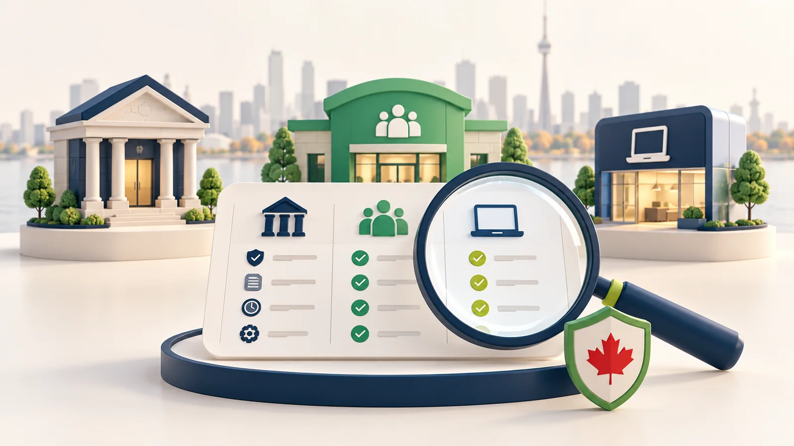3D comparison of a Canadian bank, credit union and digital personal-loan lender with a verification checklist and security shield