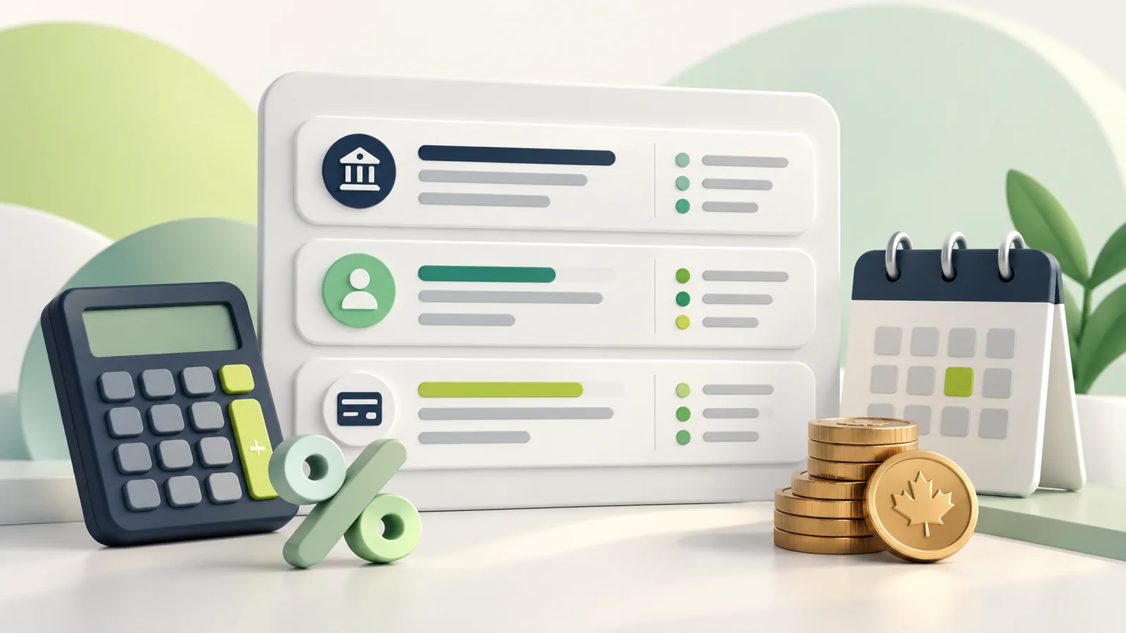 Illustration 3D d’options de taux de prêt personnel près d’un symbole de pourcentage, d’une calculatrice, d’un calendrier et de pièces canadiennes