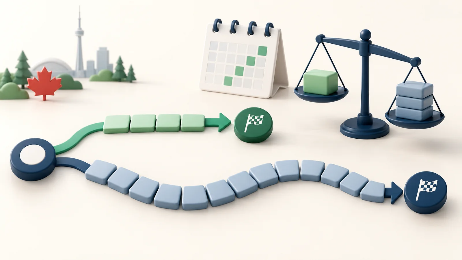 Parcours de remboursement 3D illustrant l’effet d’une durée courte ou longue sur les versements et le coût total