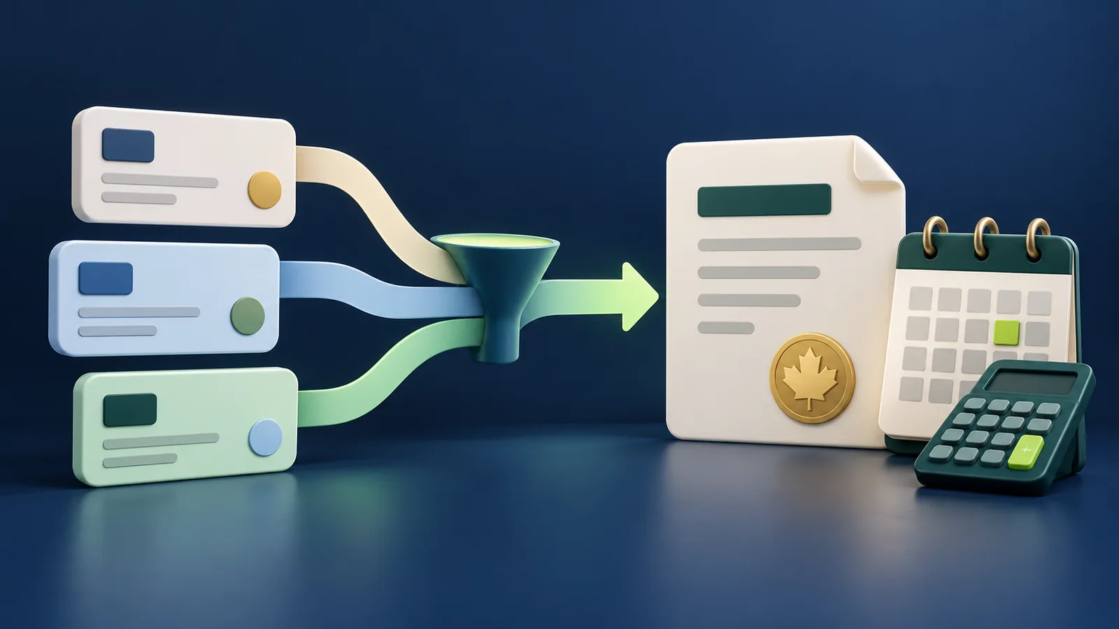 Illustration 3D montrant plusieurs dettes regroupées en un seul paiement organisé