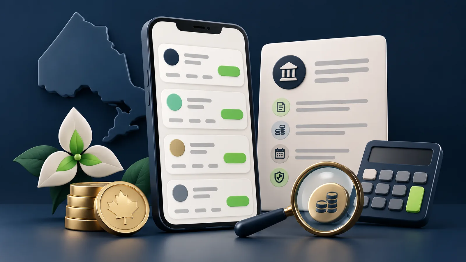 3D Ontario personal-loan comparison with a phone, agreement, calculator and magnifying glass