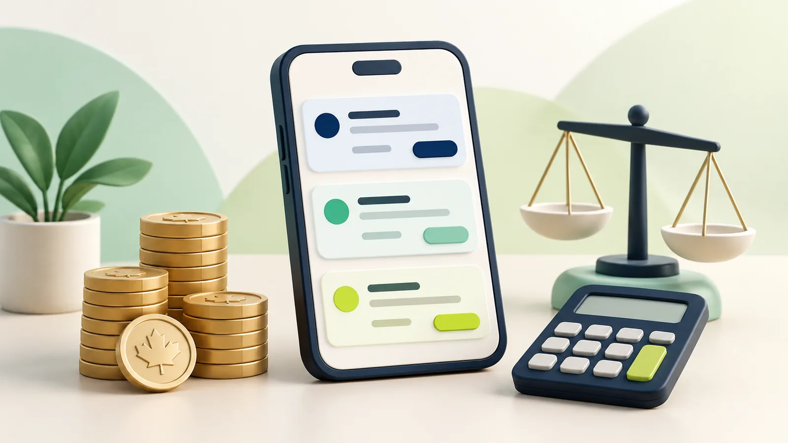 Illustration 3D d’un téléphone comparant de petits prêts près d’une calculatrice et d’une balance